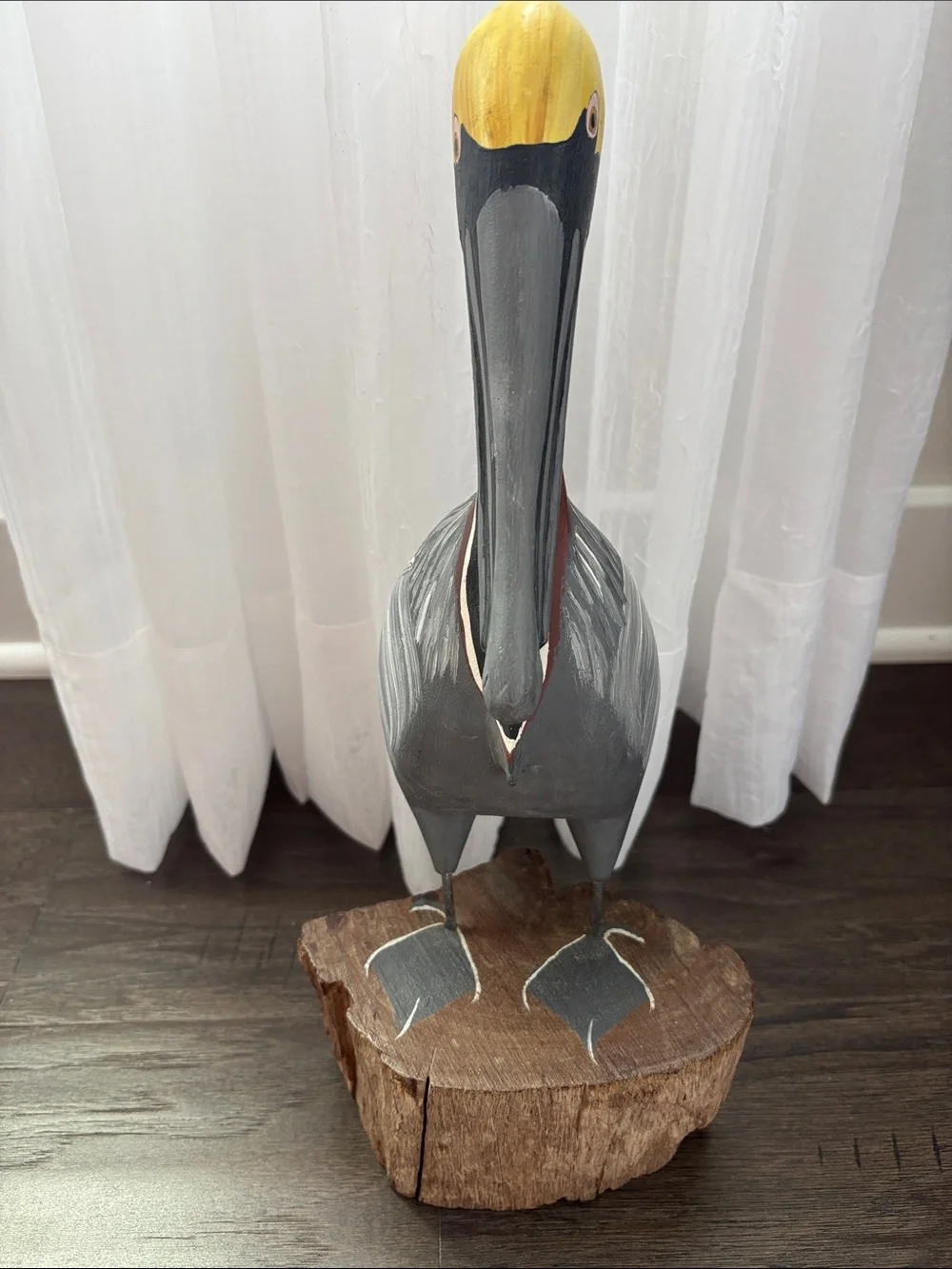 Casa Fernandez Vintage Hand Carved Hard Wood Painted perched Pelican,driftwood